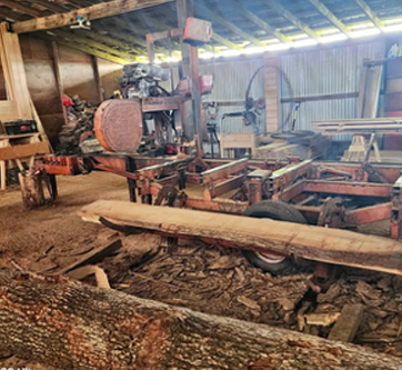 A large log is sitting in the middle of a woodworking shop.