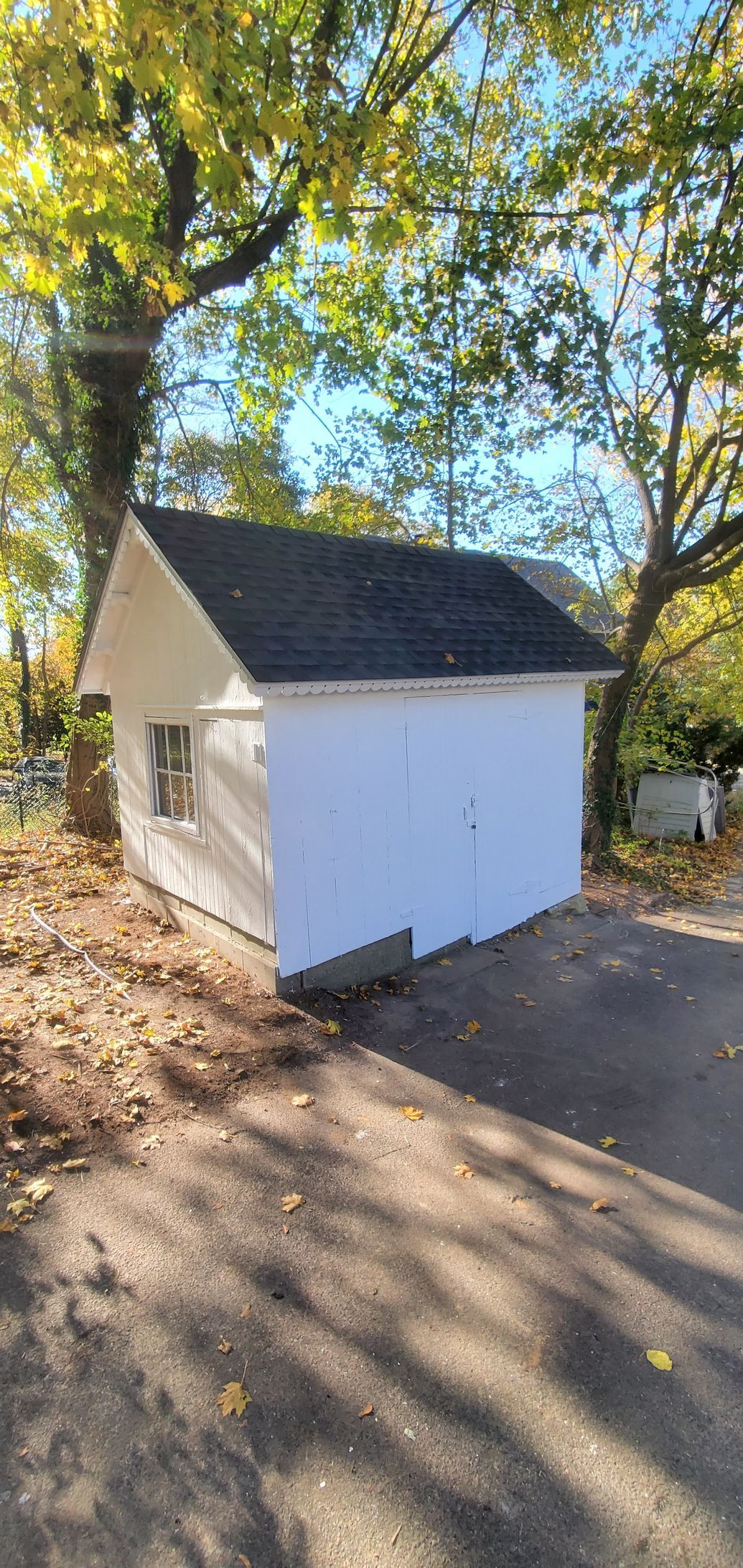 A small white garage with a black roof is sitting next to a tree.