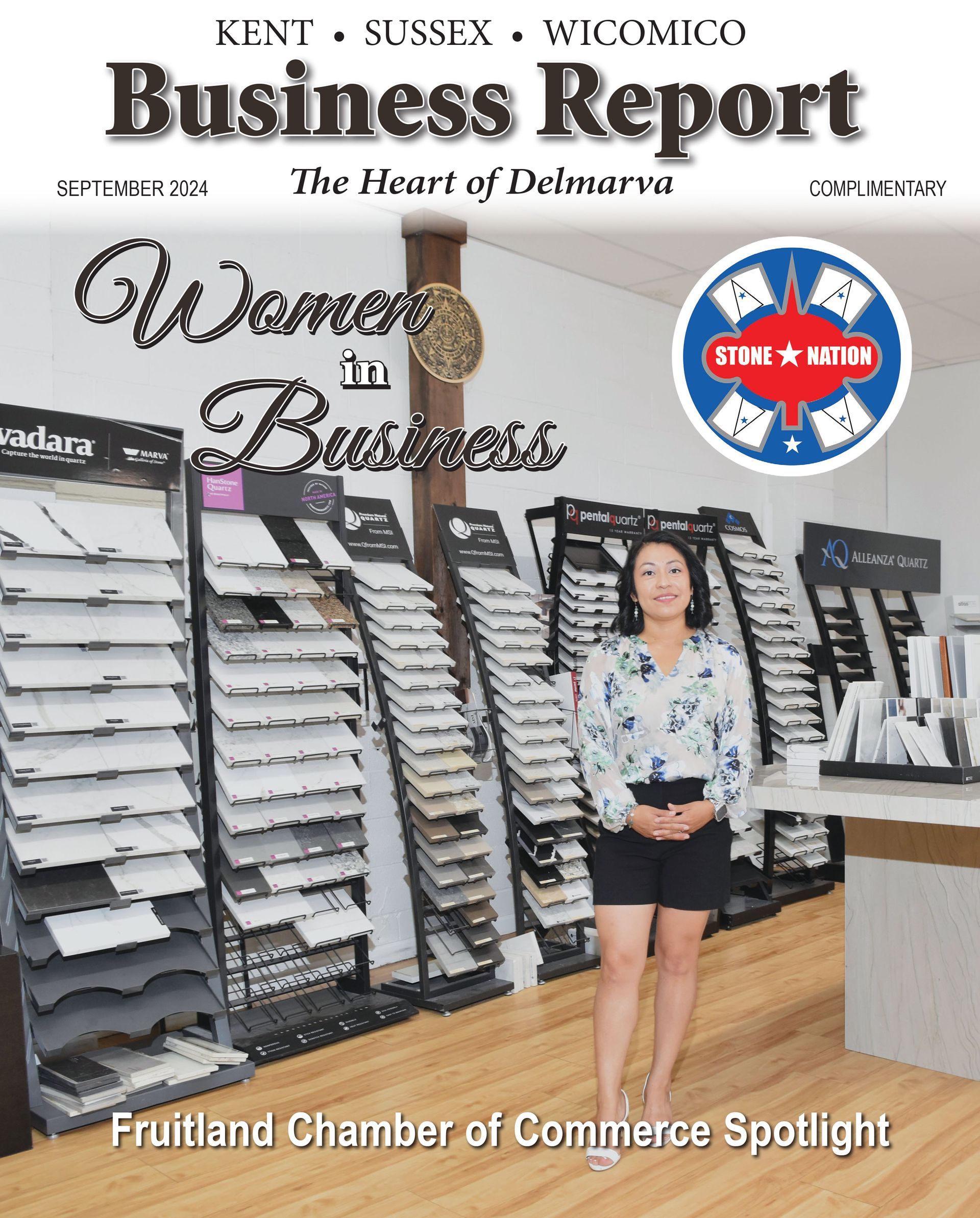 A woman is on the cover of a business report magazine.