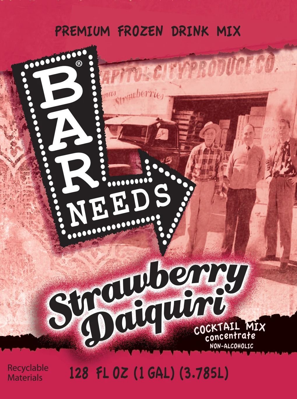 Pink Bar Needs strawberry daiquiri frozen drink mix carton with vintage-style label and photo.