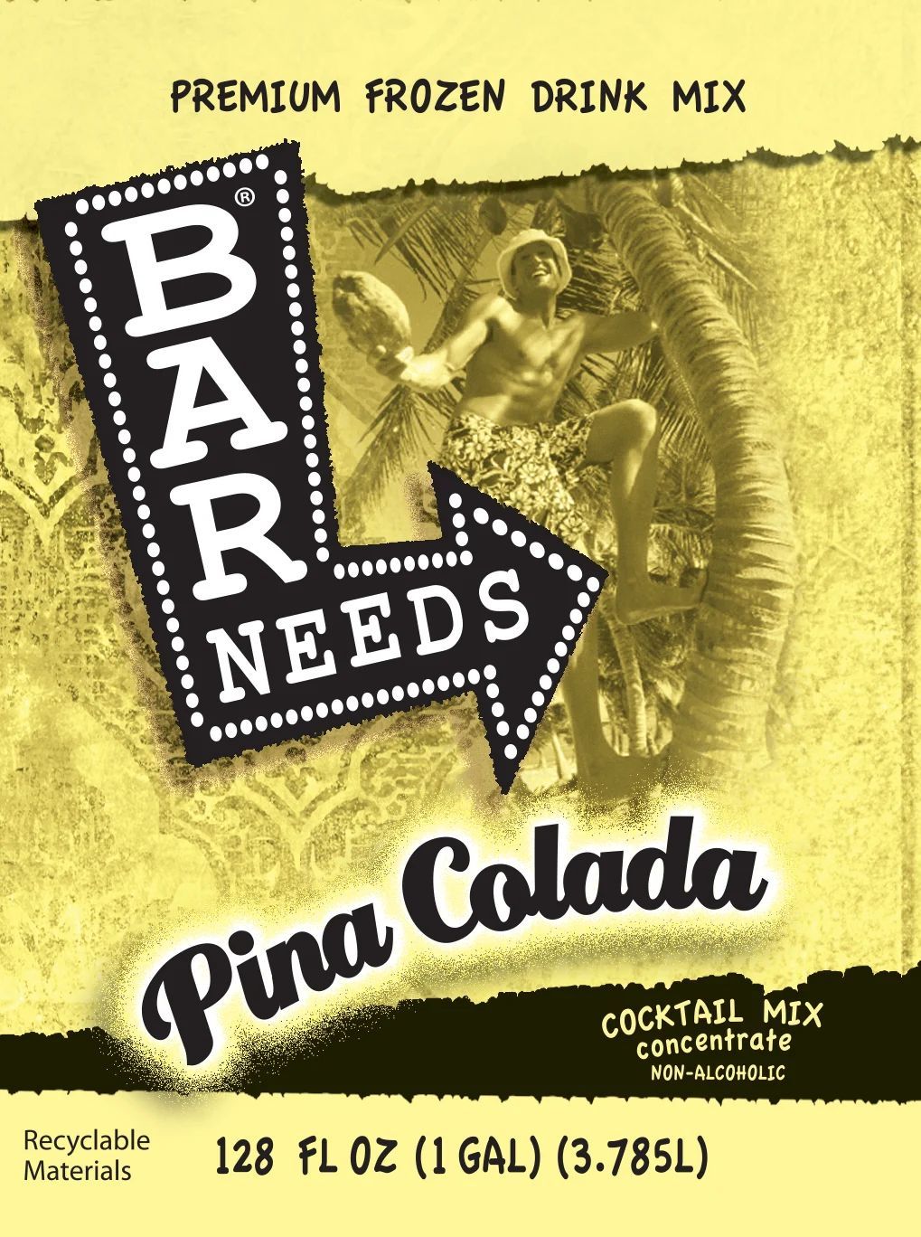 Yellow Bar Needs Piña Colada frozen drink mix label with arrow logo and tropical image