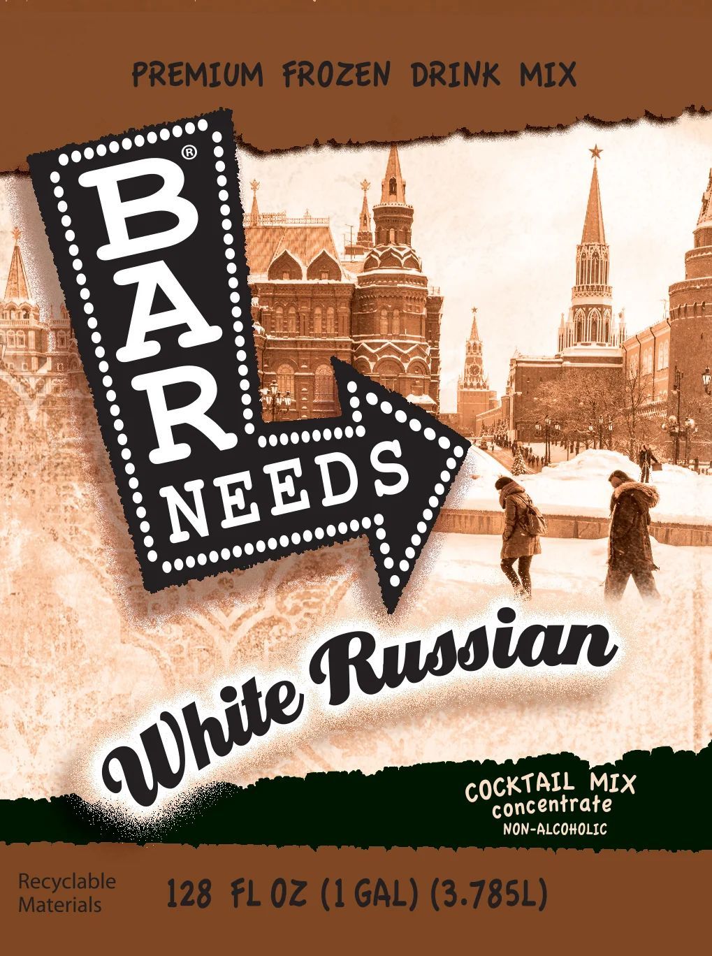 Bar Needs White Russian frozen drink mix label with sepia winter scene and city skyline