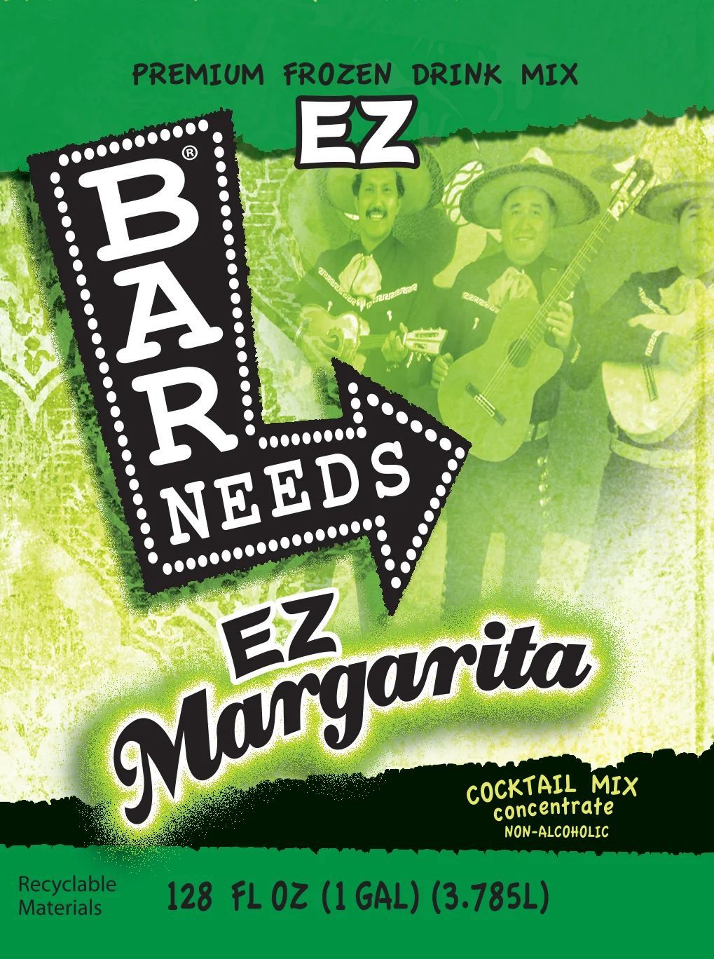 Bar Needs EZ Margarita frozen drink mix, green lime packaging, 128 fl oz gallon jug