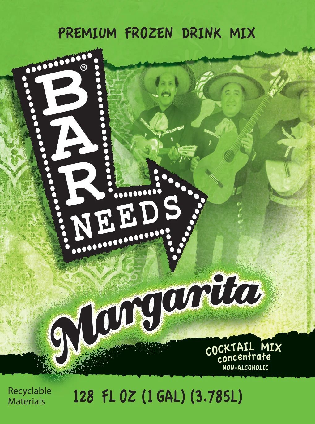 Green Bar Needs Margarita frozen drink mix carton with guitar band graphic and lime accents