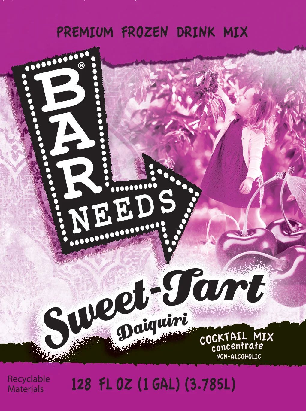 Bar Needs Sweet-Tart daiquiri frozen drink mix, pink-purple package with frosty drink splash.