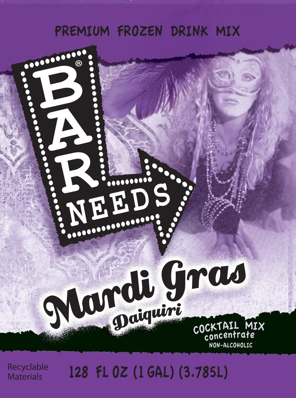 Purple Bar Needs Mardi Gras Daiquiri frozen drink mix carton with festive woman illustration