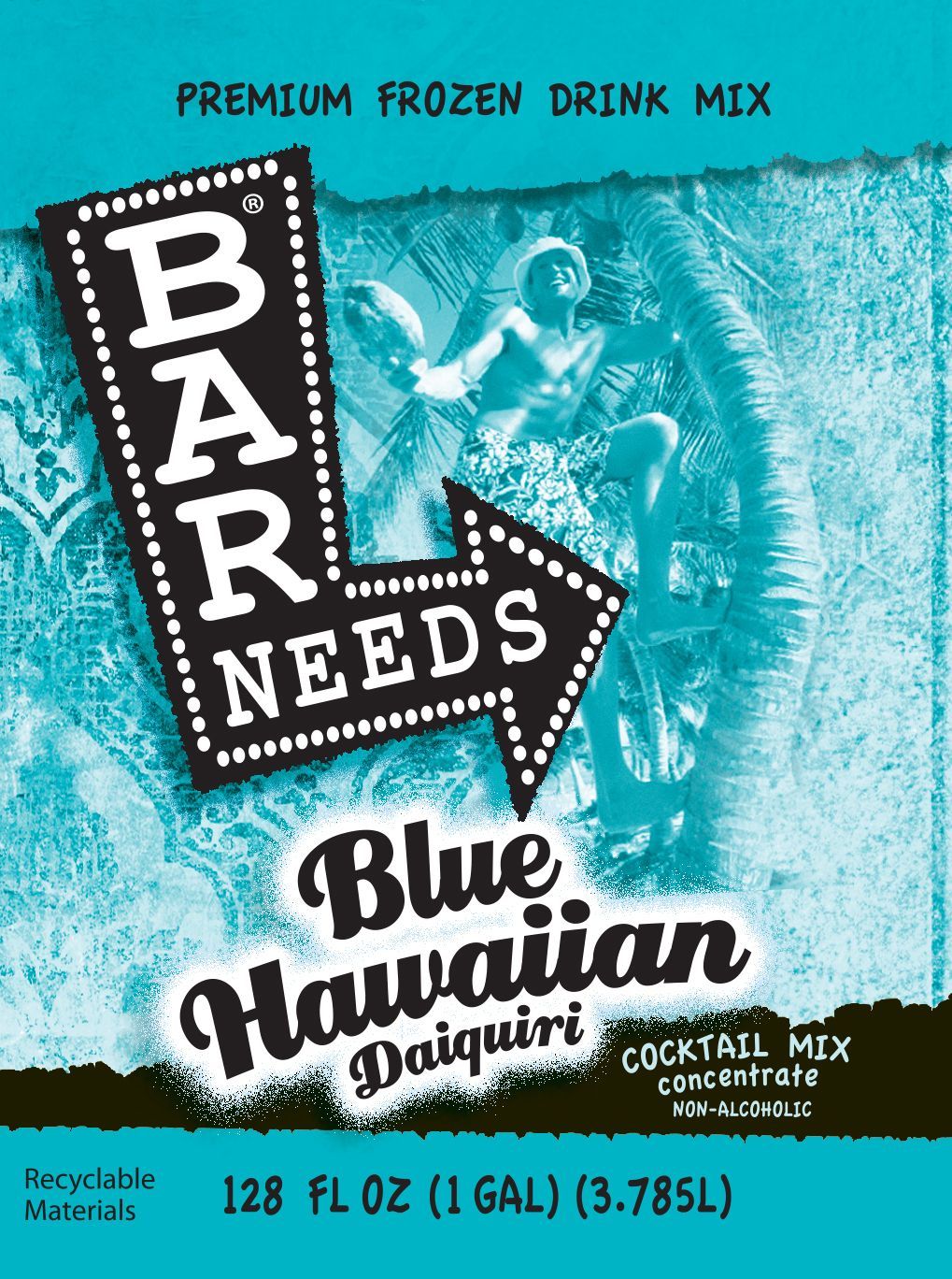 Bar Needs Blue Hawaiian frozen drink mix, turquoise packaging with surfboard logo