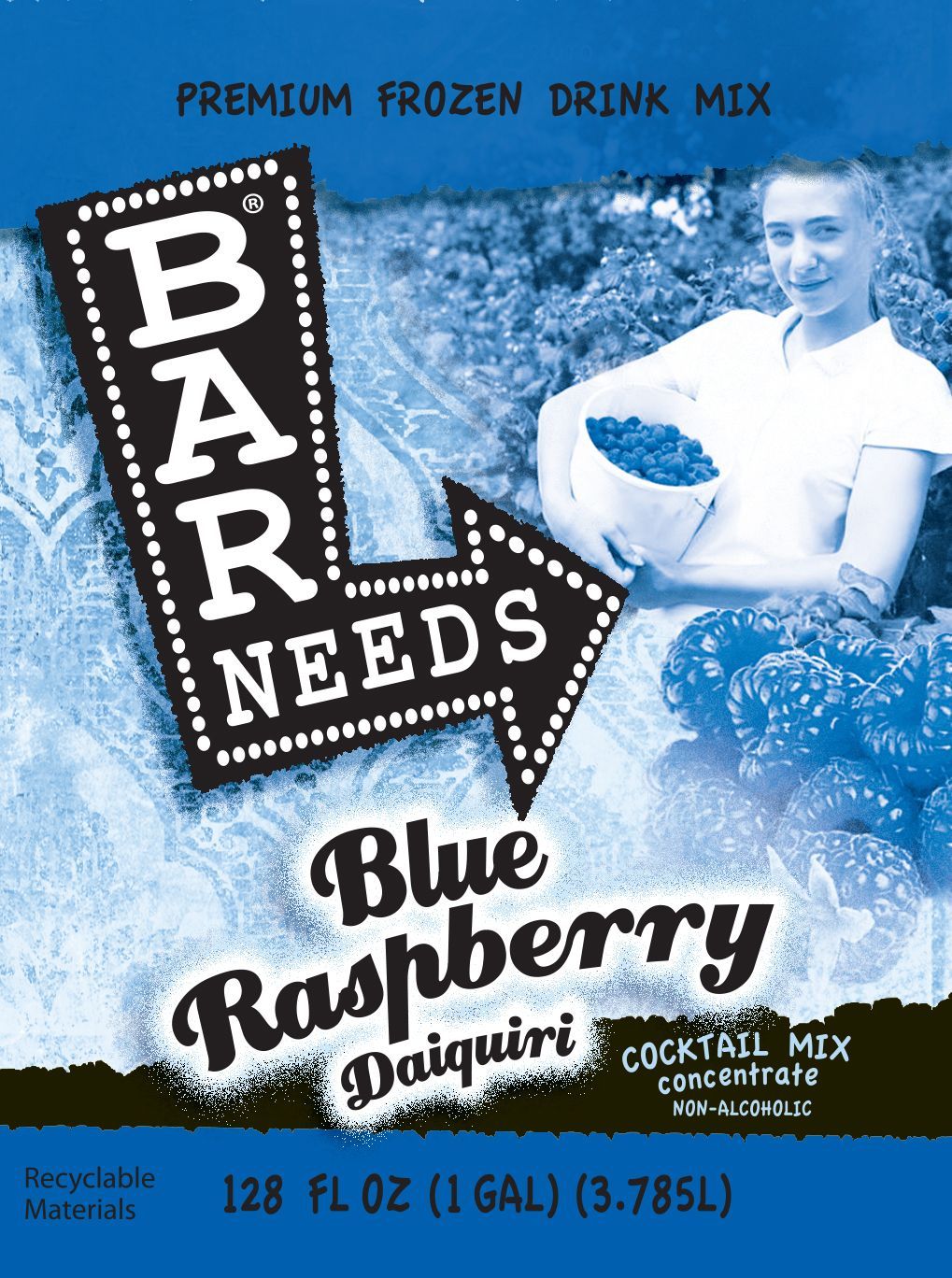 Bar Needs Blue Raspberry Daiquiri premium frozen drink mix, with a man holding a drink on the package