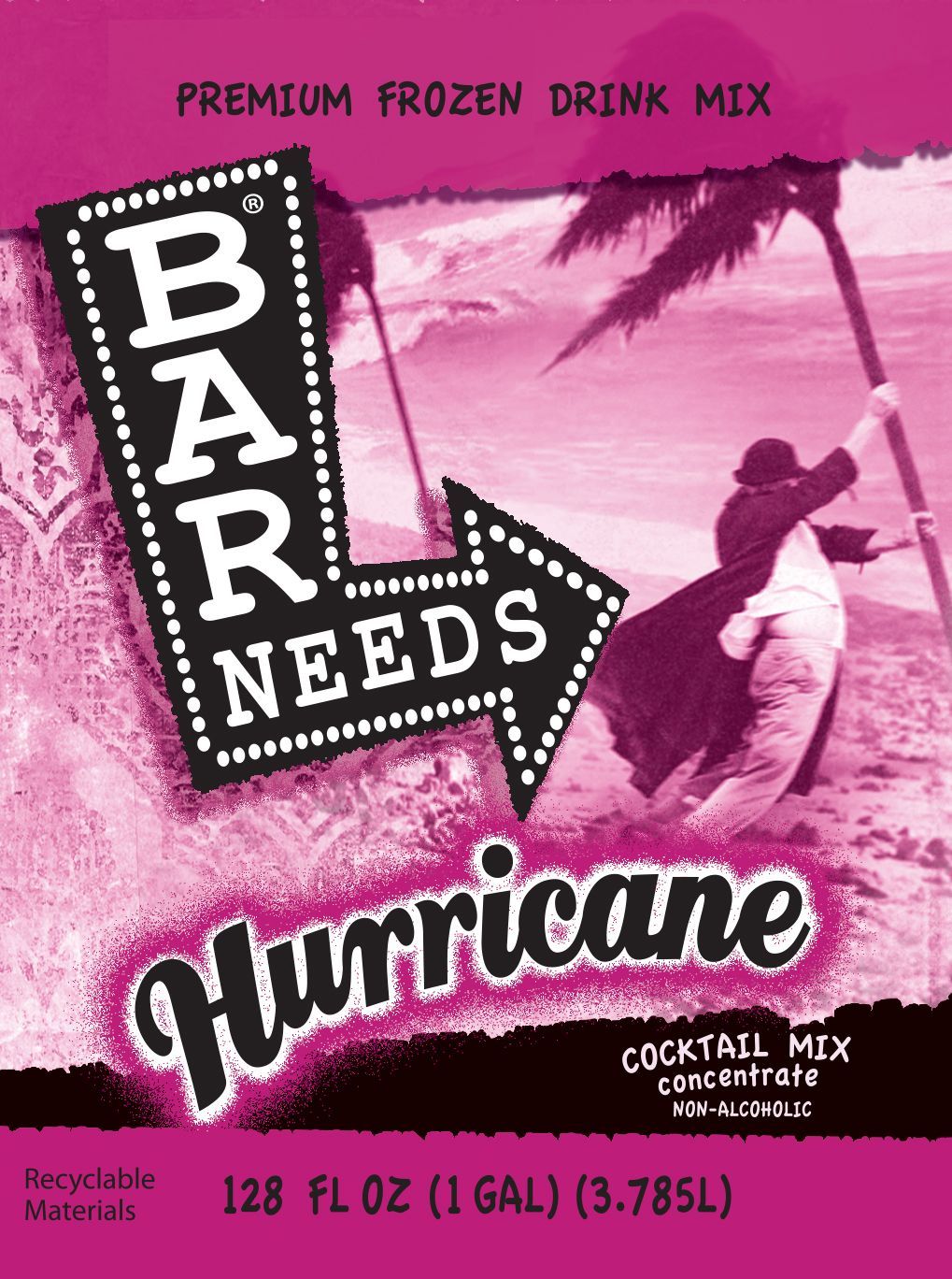 Bar None Hurricane premium frozen drink mix, pink label with tropical beach scene and 1 gallon size details