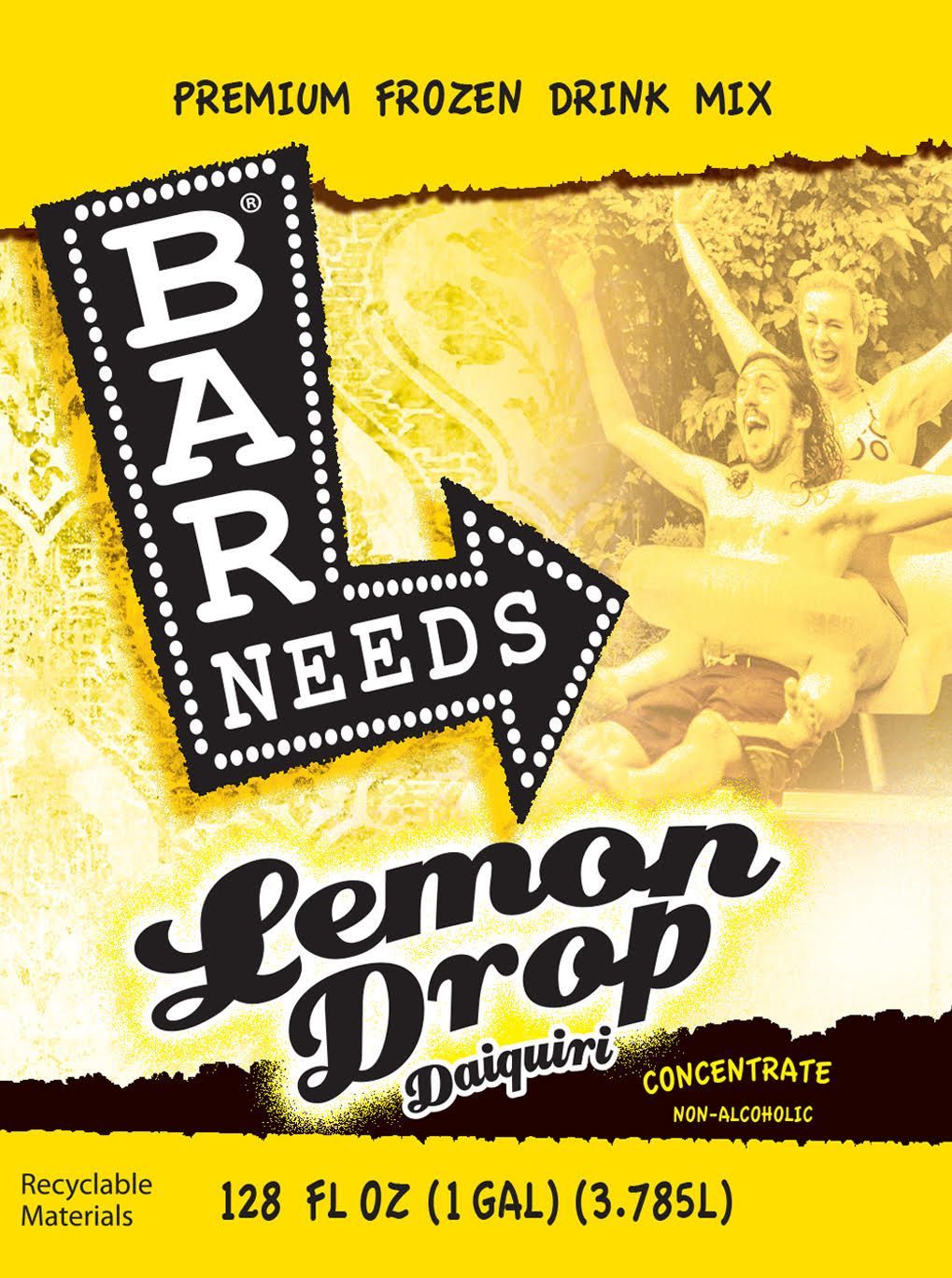 Bar N' Needs Lemon Drop frozen drink mix package, yellow and black with celebratory lemon drink image
