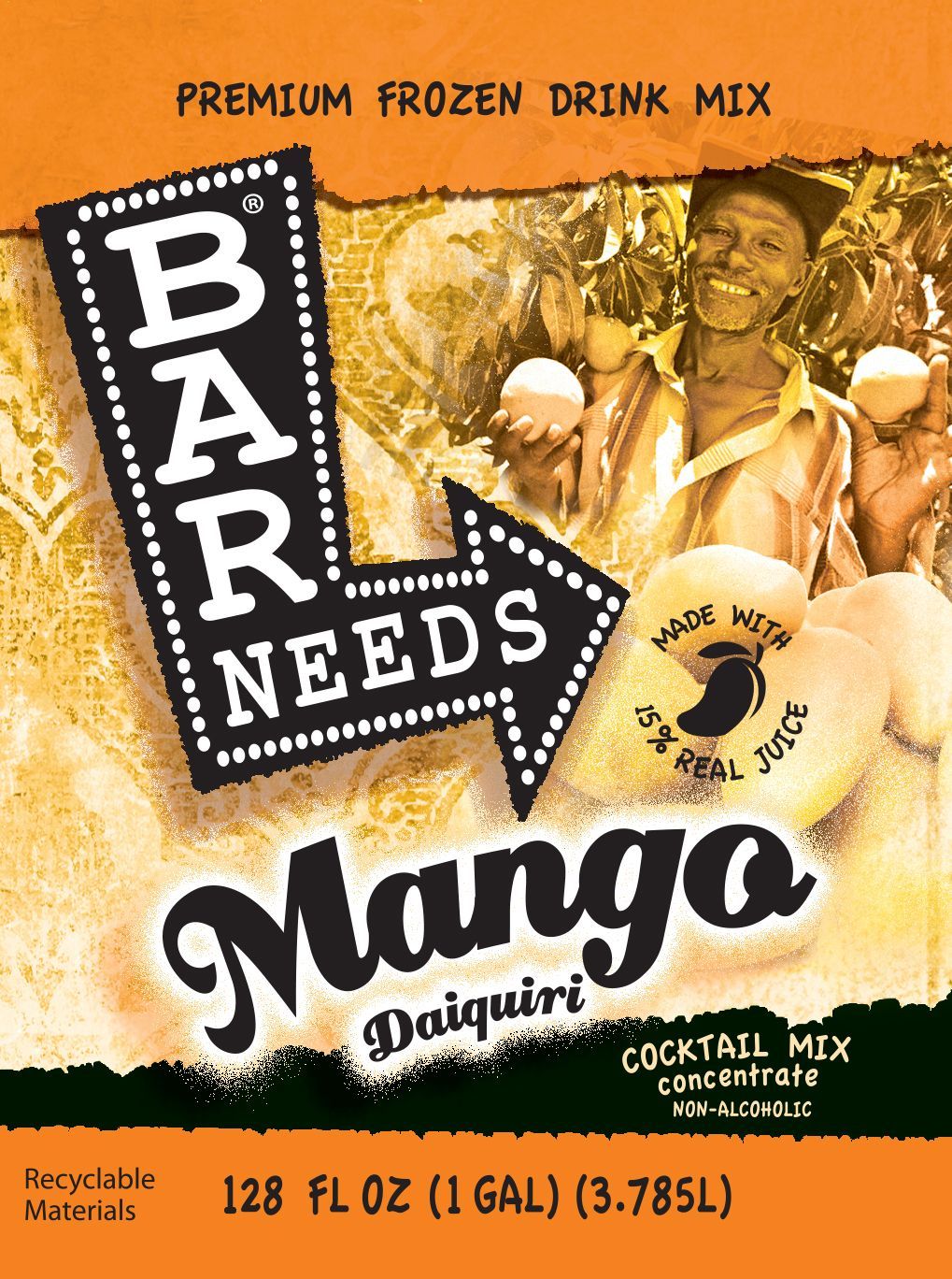 Bar Needs mango daiquiri frozen drink mix package with yellow-orange tropical design