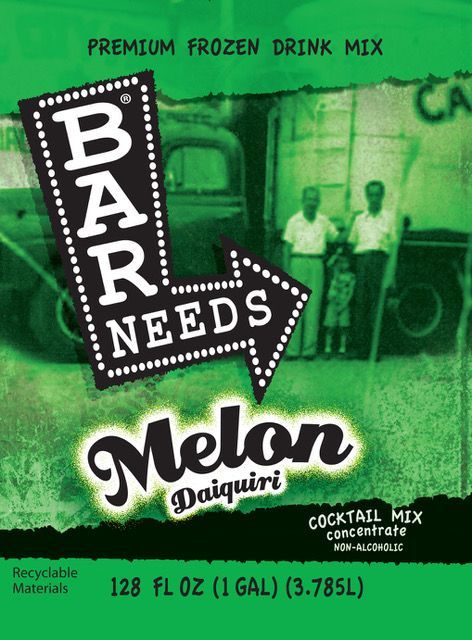 Green Bar Needs Melon Daiquiri frozen drink mix package with retro label and 1 gallon size.