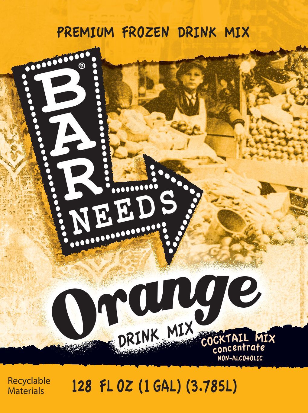 Bar-Neeeds orange frozen drink mix carton, yellow label with vintage design and 1 gallon size