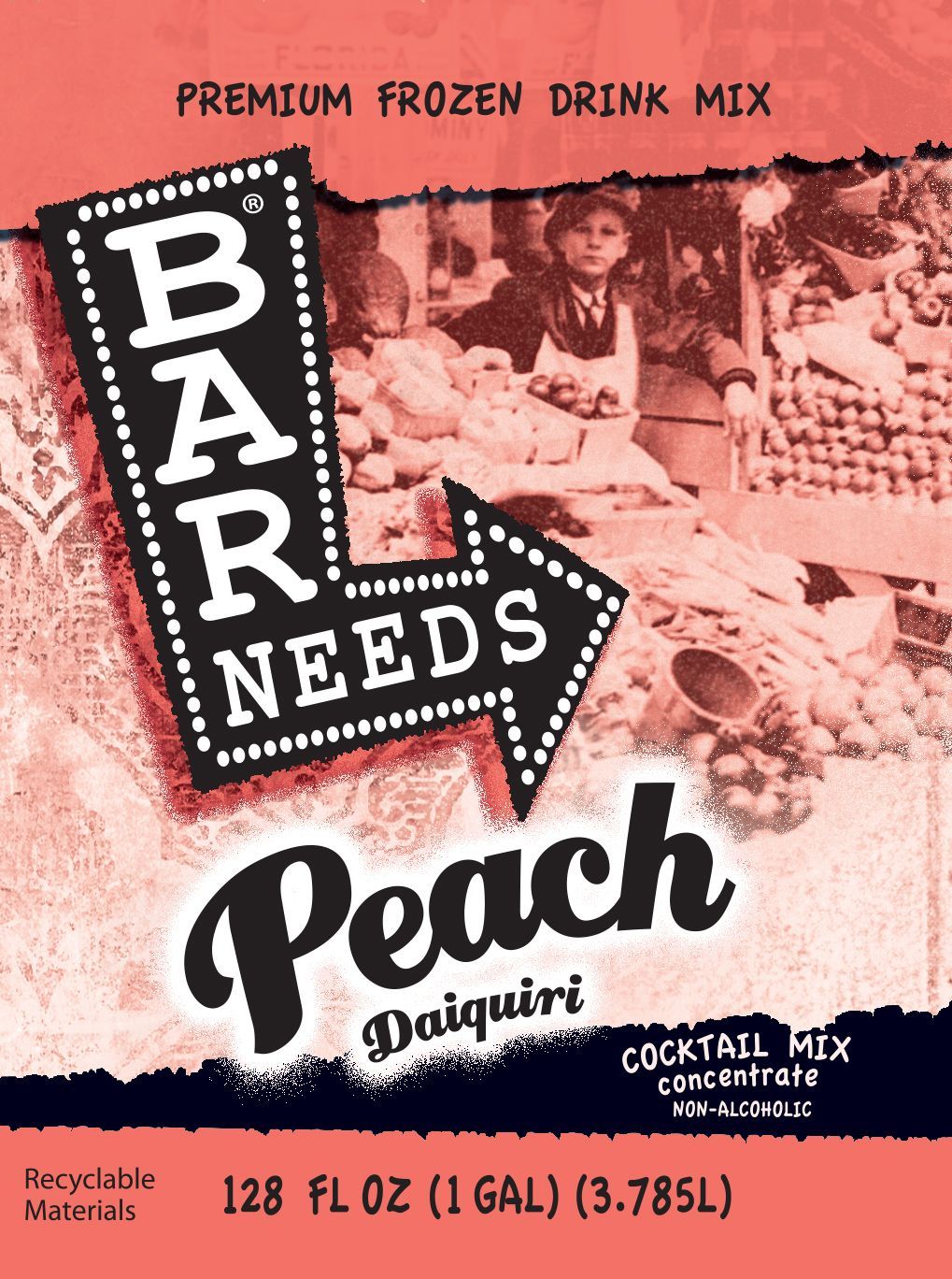 Bar Needs peach daiquiri frozen drink mix carton with pink peach-themed design