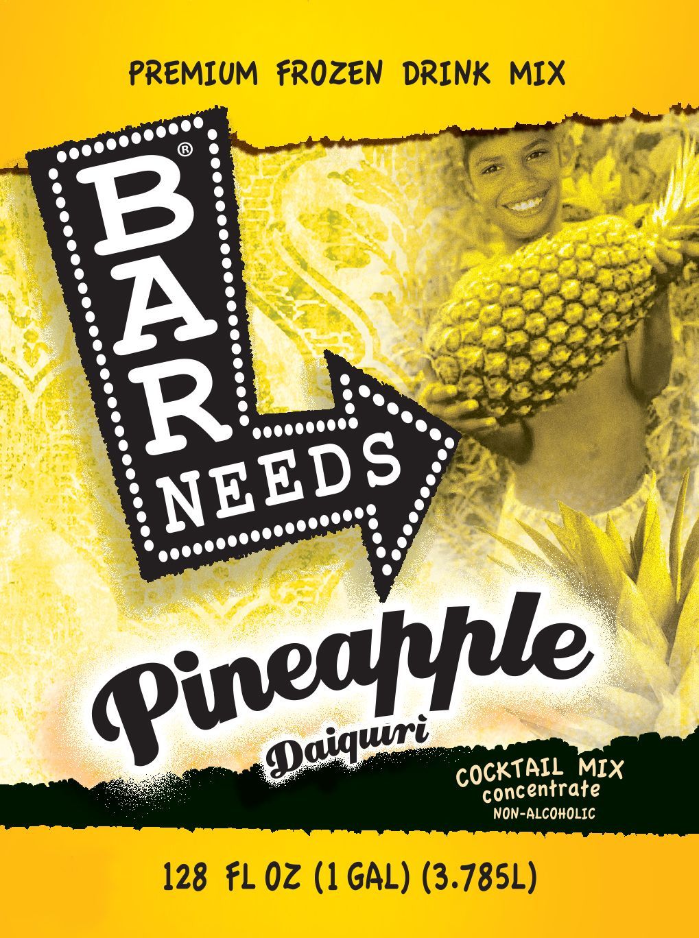 Bar-S Pineapple Daiquiri frozen drink mix, yellow 1-gallon carton with pineapple graphics
