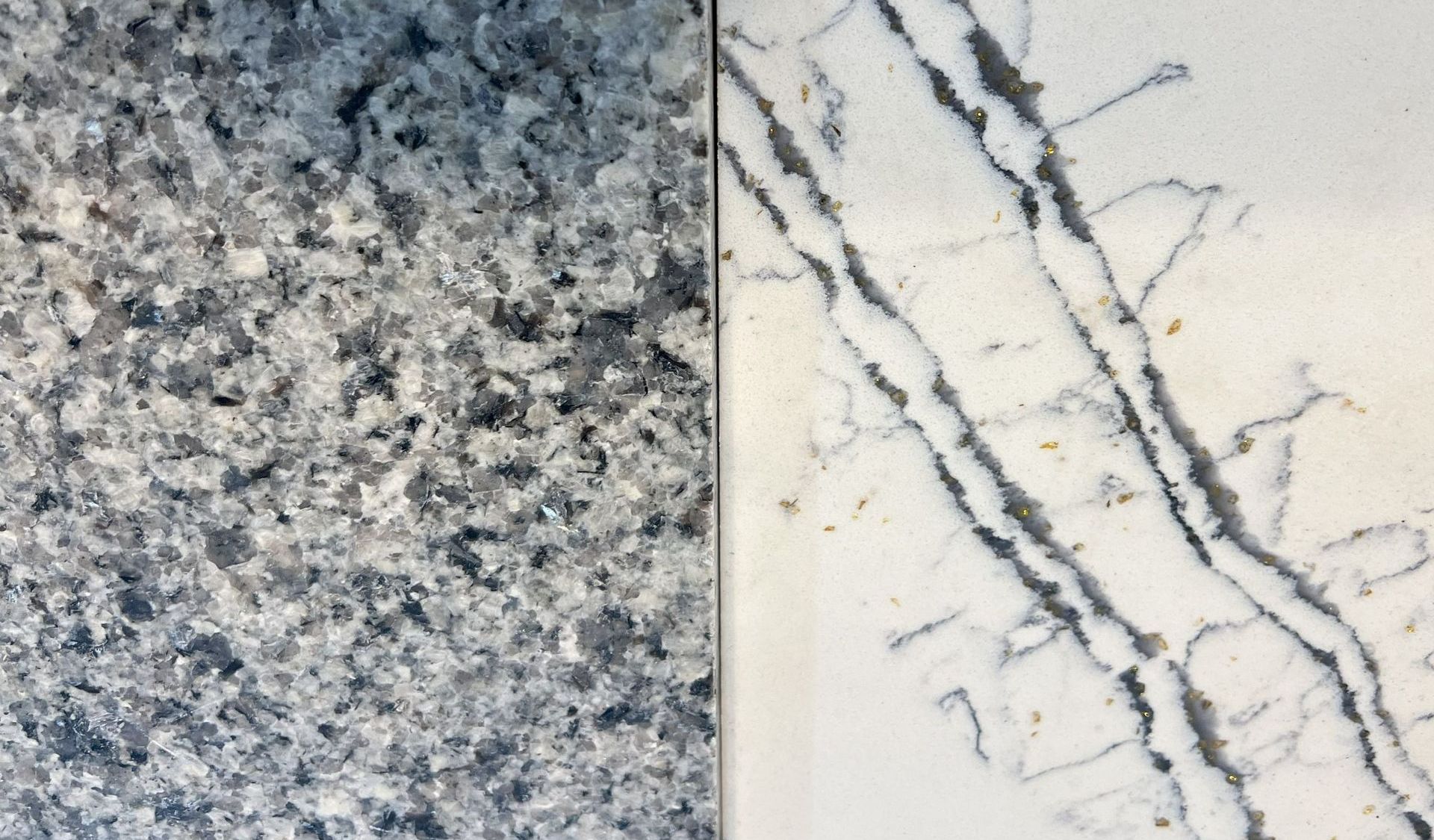 On the left: Azul Platino Granite             On the right: Calacatta Moreno from Cosmos