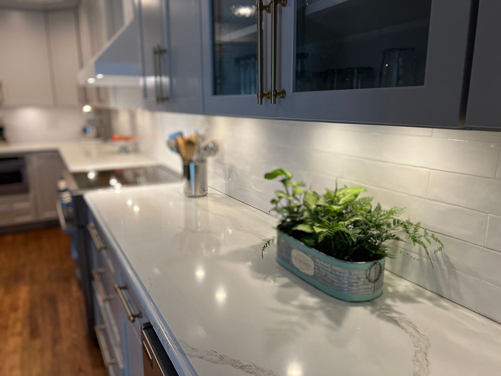 A kitchen counter with a potted plant on it.