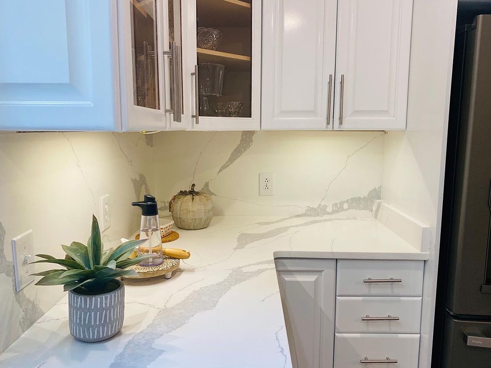 A kitchen with white cabinets and a plant on the counter.