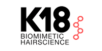 K18 Biomimetic Hairscience logo with black text and a red molecular structure.