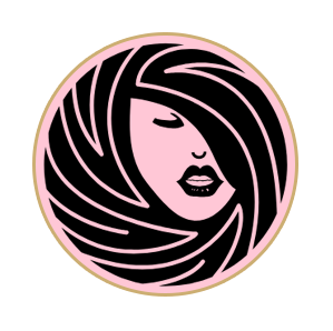 Pink and black stylized face with closed eyes and parted lips, framed by swirling black hair, within a pink circle.