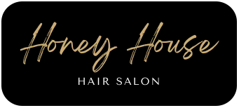 Logo for Honey House Hair Salon in gold script on a black rounded rectangle. Text "Hair Salon" below.