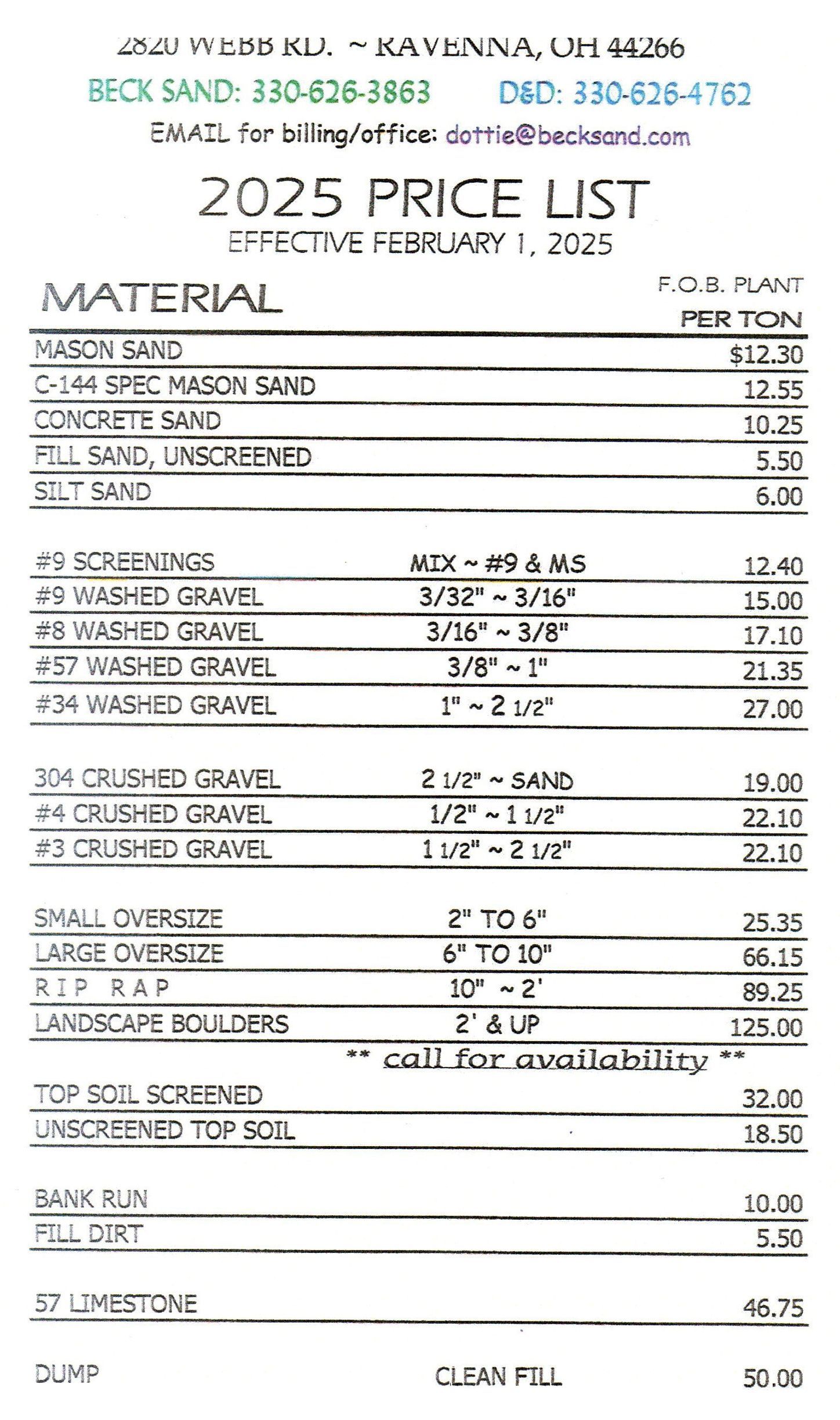 2025 Price List, with material costs. Includes: base materials, gravel, crushed stone, fill dirt, sand, and top soil.