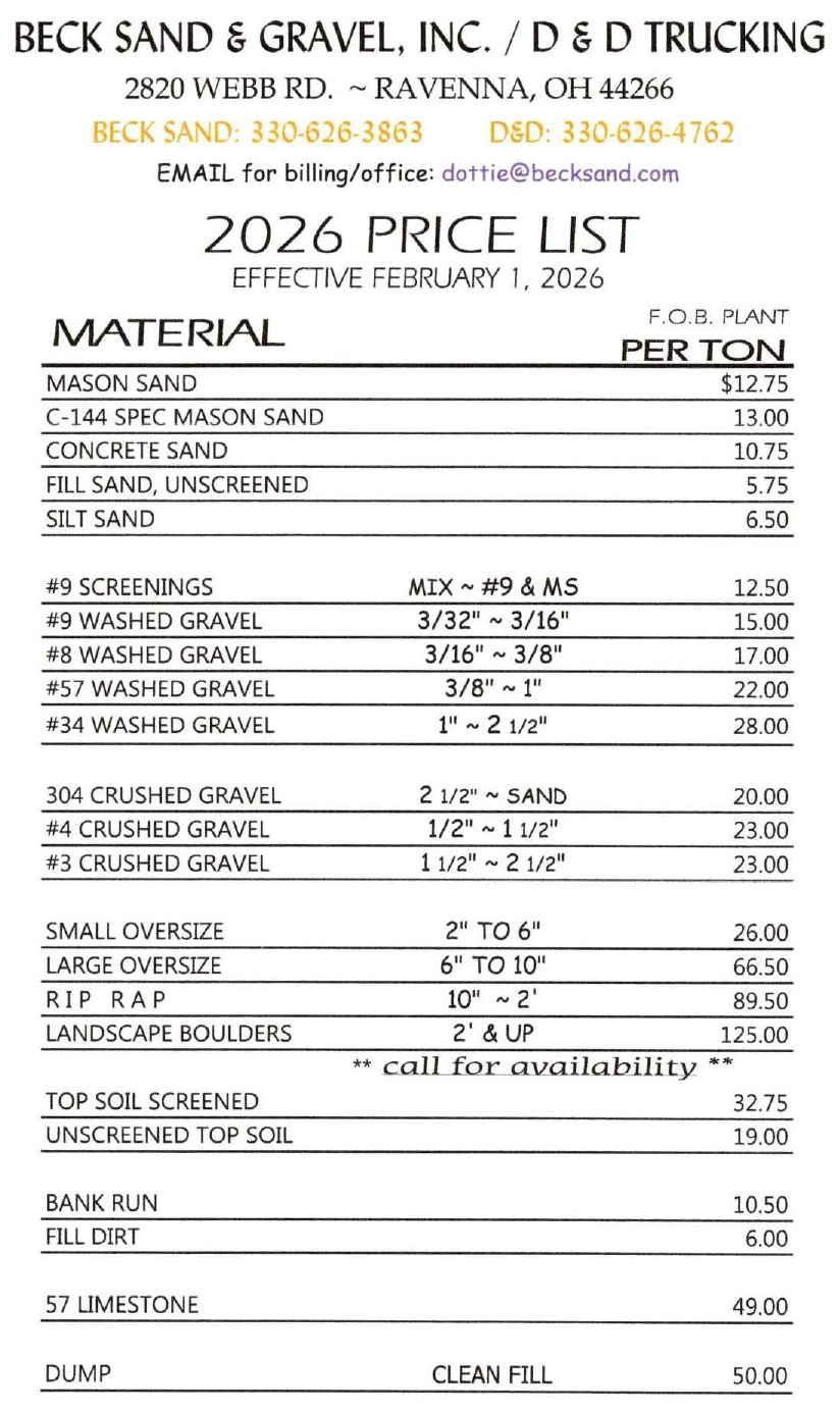Price list from Beck Sand & Gravel for 2026, listing materials and prices per ton.