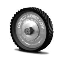 A close up of a contact rubber corp wheel on a white background.