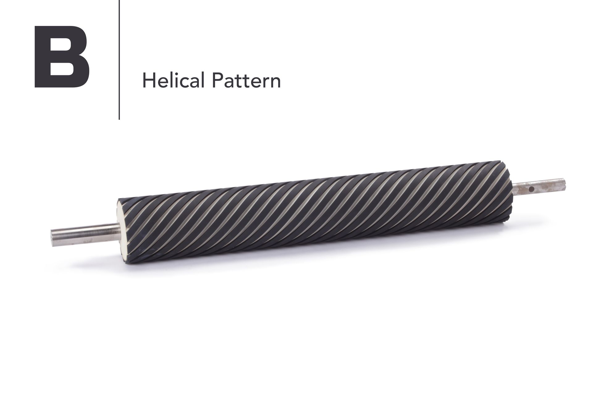 A black rubber roller with a spiral pattern on it is sitting on a white surface.