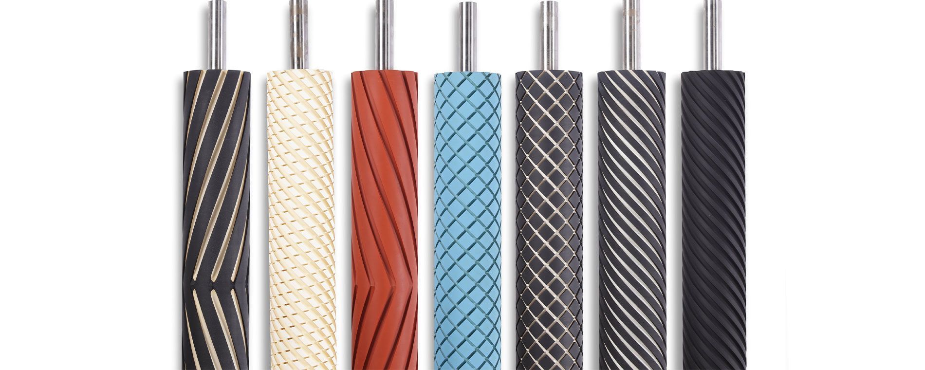 A row of different colored rollers with metal handles on a white background.