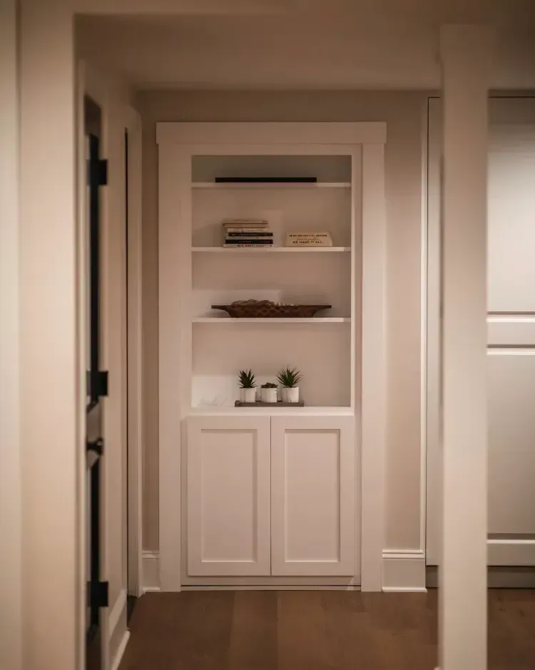 Built-in white shelving niche in a hallway, with books, decor, and small potted plants.