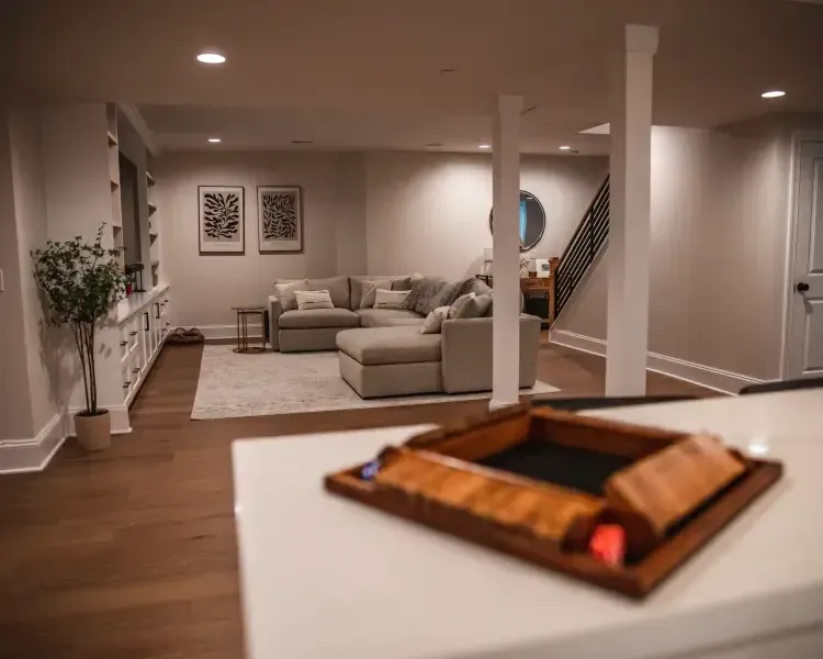 Open living room with beige sectional sofa, hardwood floors, and a tray on a white counter in the foreground