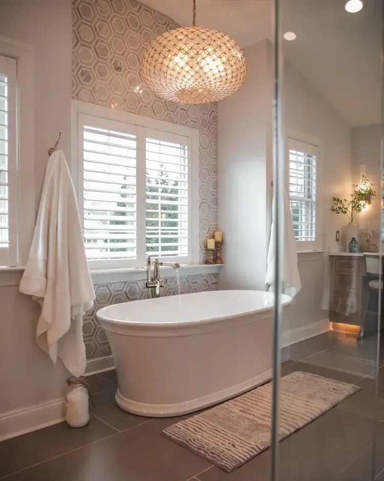 Bright bathroom with a freestanding tub, wicker pendant light, white shutters, and a woven rug