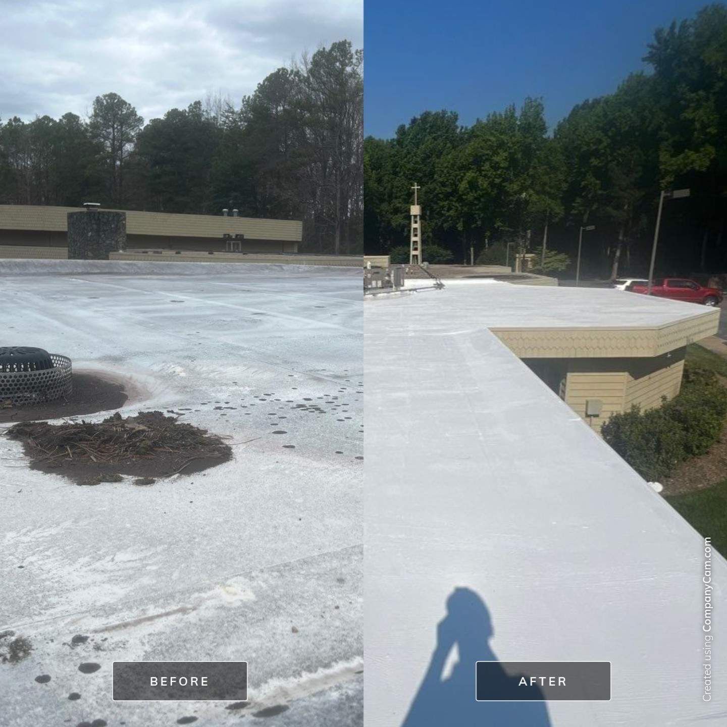 A before and after photo of a commercial roof