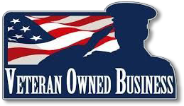 A veteran owned business logo with a soldier saluting the american flag.