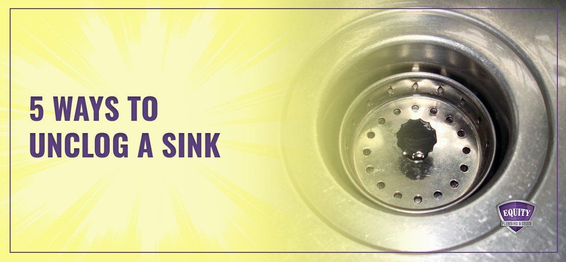 Graphic reading “5 ways to unclog a sink” beside a close-up of a sink drain and water droplets