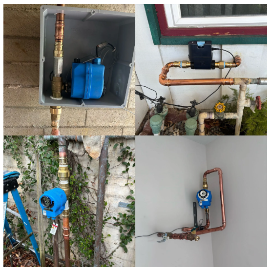 Collage of blue water meter and copper pipe installations on exterior walls with valves and wiring