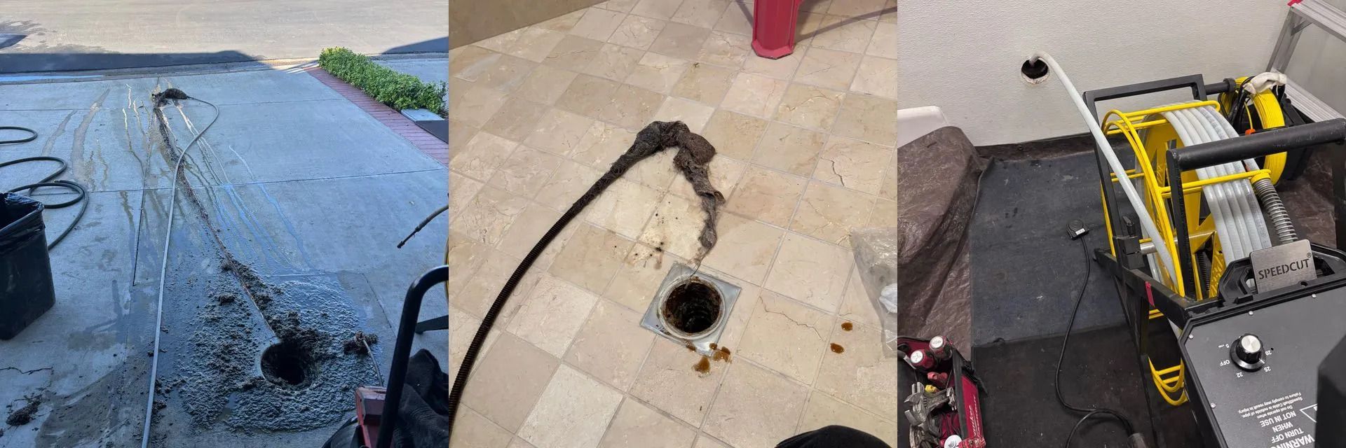 Three-panel view of a damaged black floor, a broken tile with exposed cable, and a yellow work machine by stairs