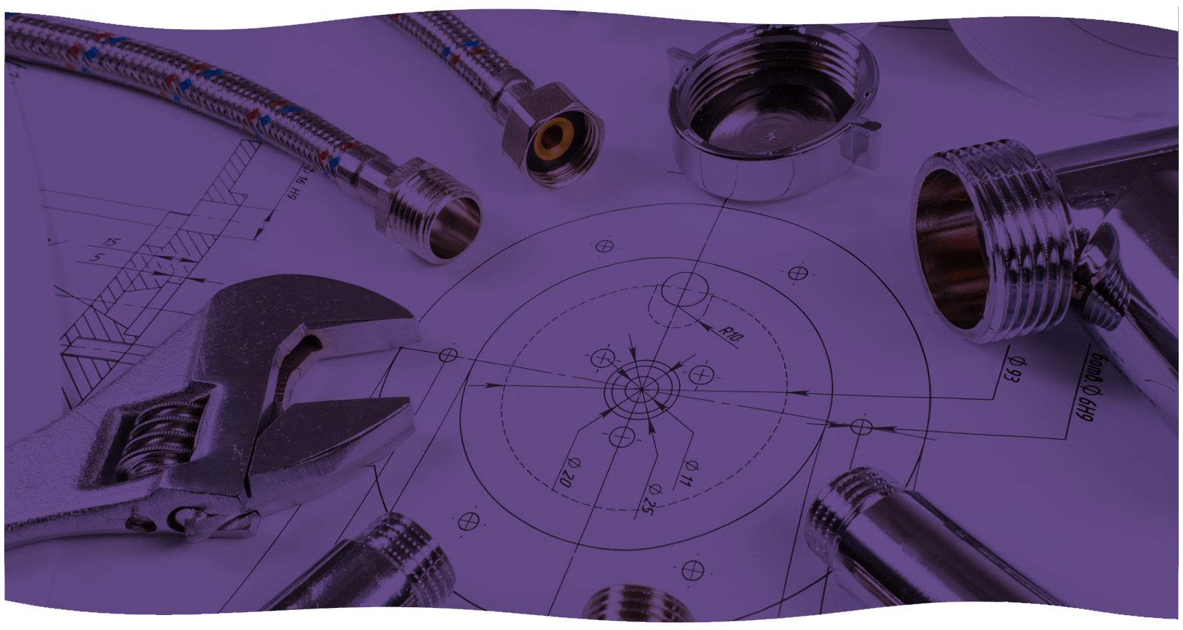 Purple-tinted close-up of metal hoses and fittings arranged around a central technical diagram