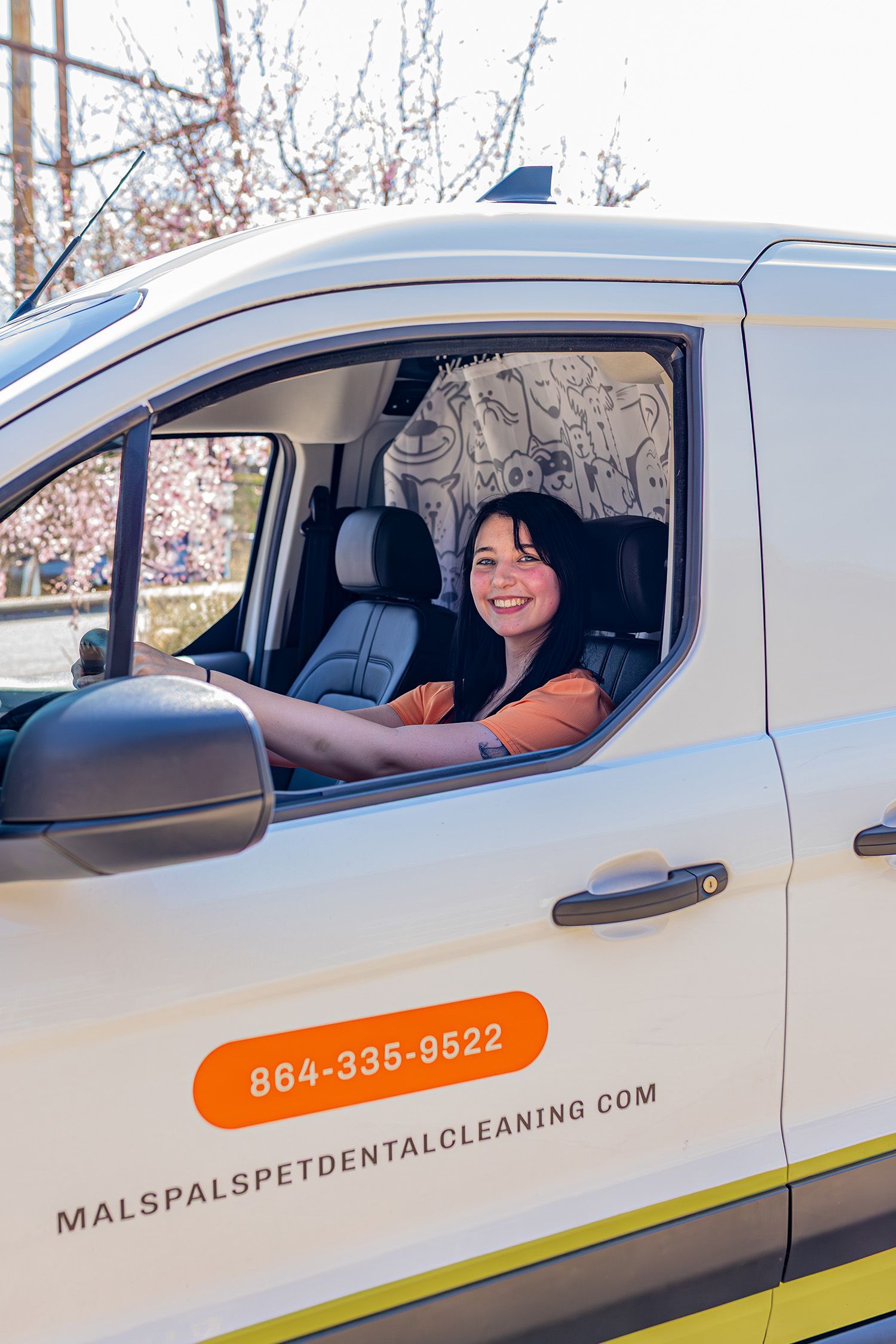 Woman smiling in white van; phone number and website on side.