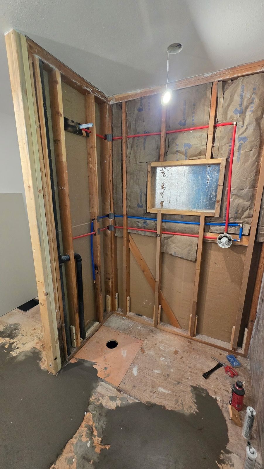 Bathroom renovation in progress: exposed studs, plumbing, concrete floor, insulation, unfinished walls.