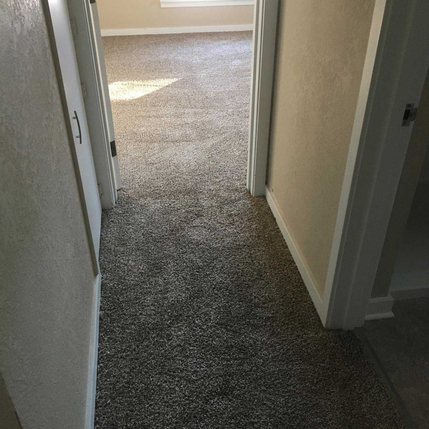 Hallway with light brown walls and gray carpet leading to a room with natural light.