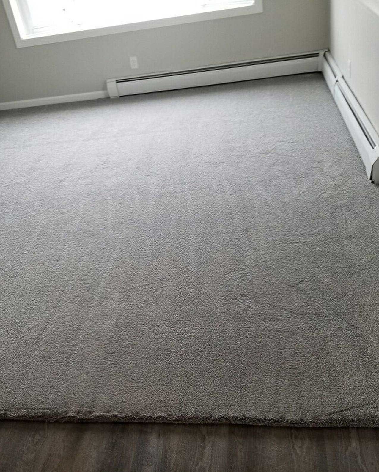 Gray carpeted floor with baseboard heaters along the walls, in a room with a window.