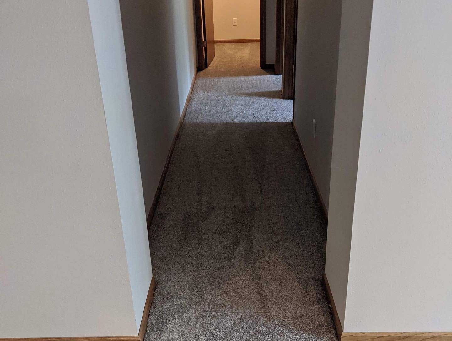 Narrow hallway with beige walls, gray carpet, and multiple doorways.