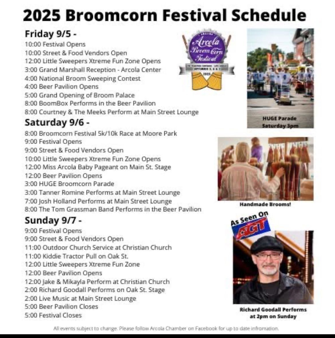2025 Broomcorn Festival schedule with events like parade, vendors, and performances.
