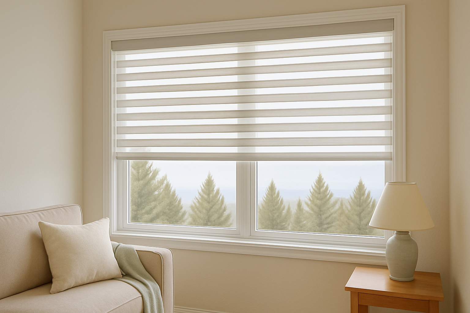 Dual-layer roller shades in a cozy Colorado Springs living room