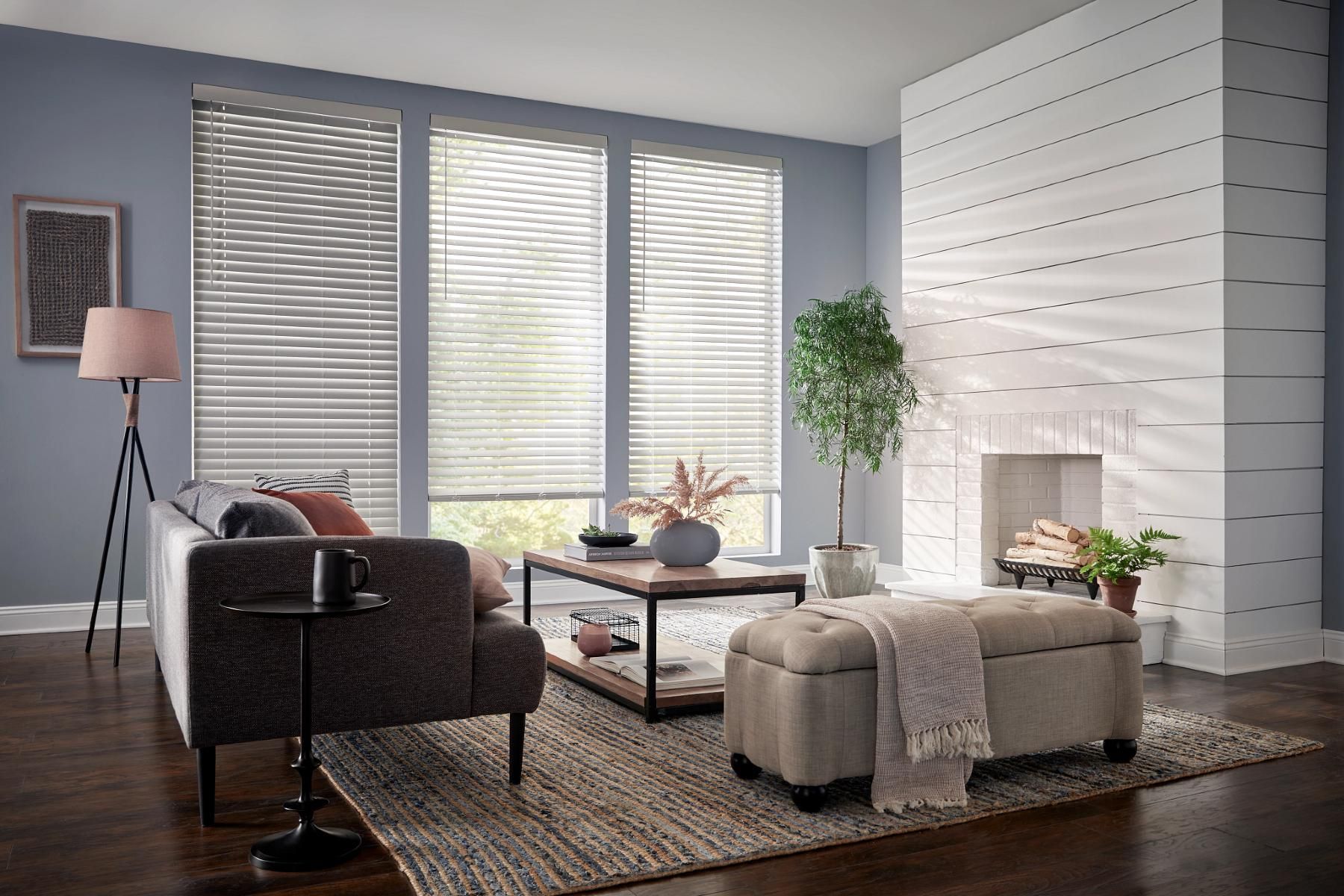 white horizontal blinds installed in Colorado Springs living room with couch and indoor plant