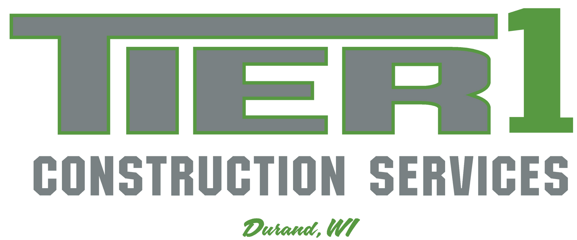 Tier 1 Construction Services logo with green accents and the location Durand, WI.