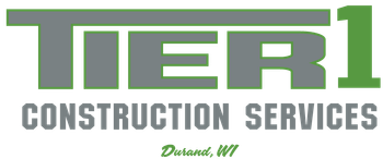 Tier 1 Construction Services logo with green accents and the location Durand, WI.