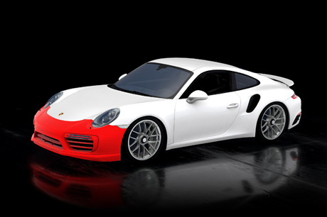 White Porsche 911 with red front bumper on a reflective black surface.